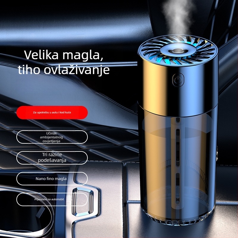 S10 automobilski ovlaživač zraka i pročišćivač s difuzorom mirisa — spremnik vode 0,5–1 L, USB/napajanje automobila, više od 3 mlaznica za maglu, buka ispod 36 dB, snaga 5 W