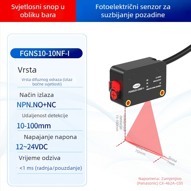 Fotoelektrični senzor prekida FGNS10-10NF-I, serija FGNS10, difuzni odraz, potiskivanje pozadine, detekcija izreza