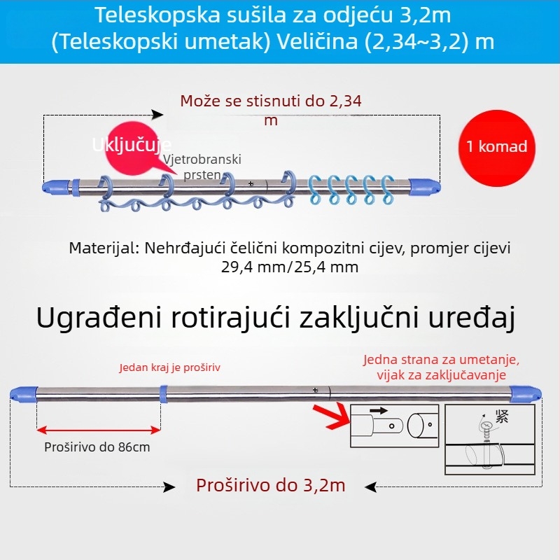 Nehrđajući čelična šipka za sušenje odjeće za balkon, Jia yixin, izdanje 2024