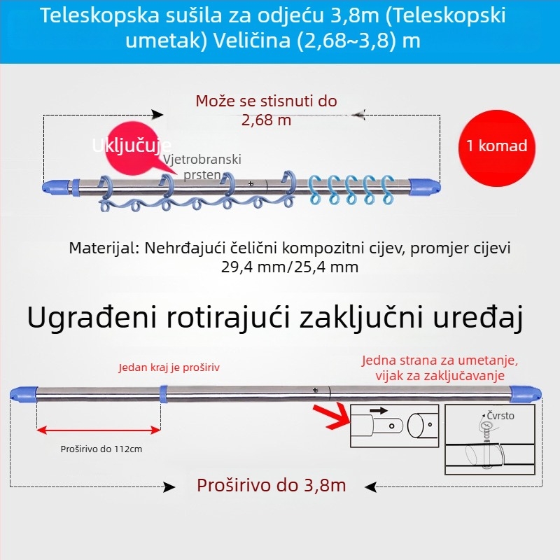 Nehrđajući čelična šipka za sušenje odjeće za balkon, Jia yixin, izdanje 2024