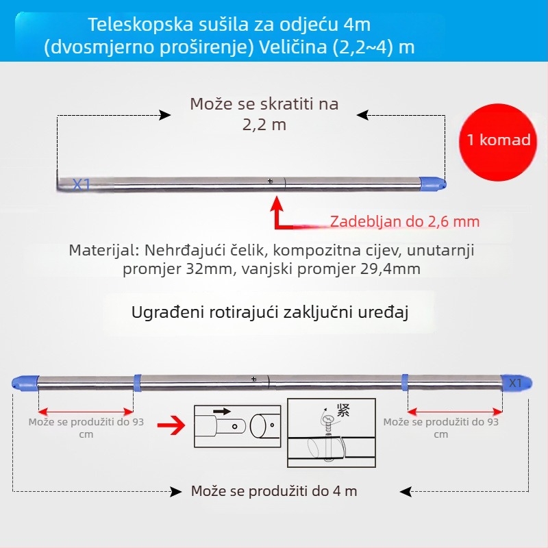 Nehrđajući čelična šipka za sušenje odjeće za balkon, Jia yixin, izdanje 2024
