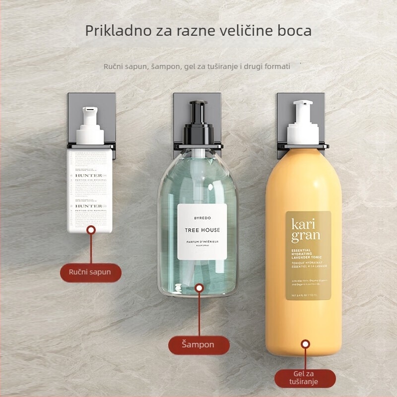 Zidni držač za gel za tuširanje, šampon, dezinfekcijsko sredstvo za ruke i tekući deterdžent za suđe; materijal: svemirski aluminij; ugradnja bez bušenja; Bao Yi; bez otisnutog logotipa.