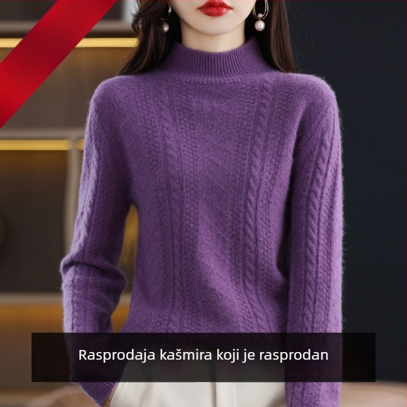 Ženski vuneni džemper s kapuljačom, debeli pleteni, polugol visokog ovratnika, slobodan kroj, jesen-zima