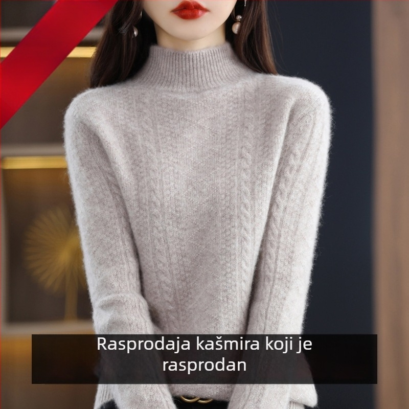 Ženski vuneni džemper s kapuljačom, debeli pleteni, polugol visokog ovratnika, slobodan kroj, jesen-zima