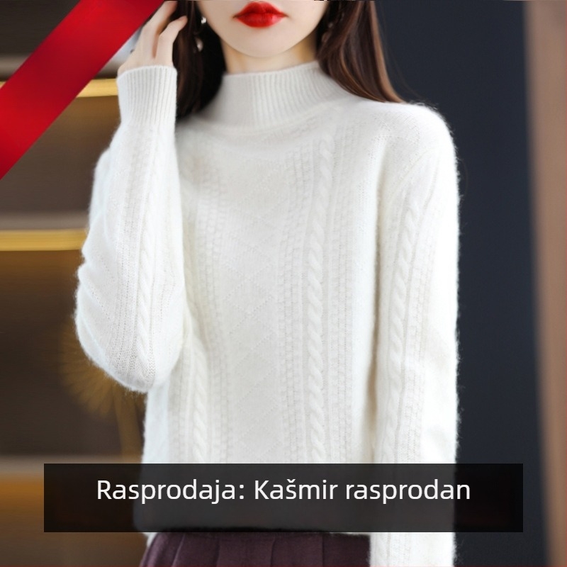 Ženski vuneni džemper s kapuljačom, debeli pleteni, polugol visokog ovratnika, slobodan kroj, jesen-zima