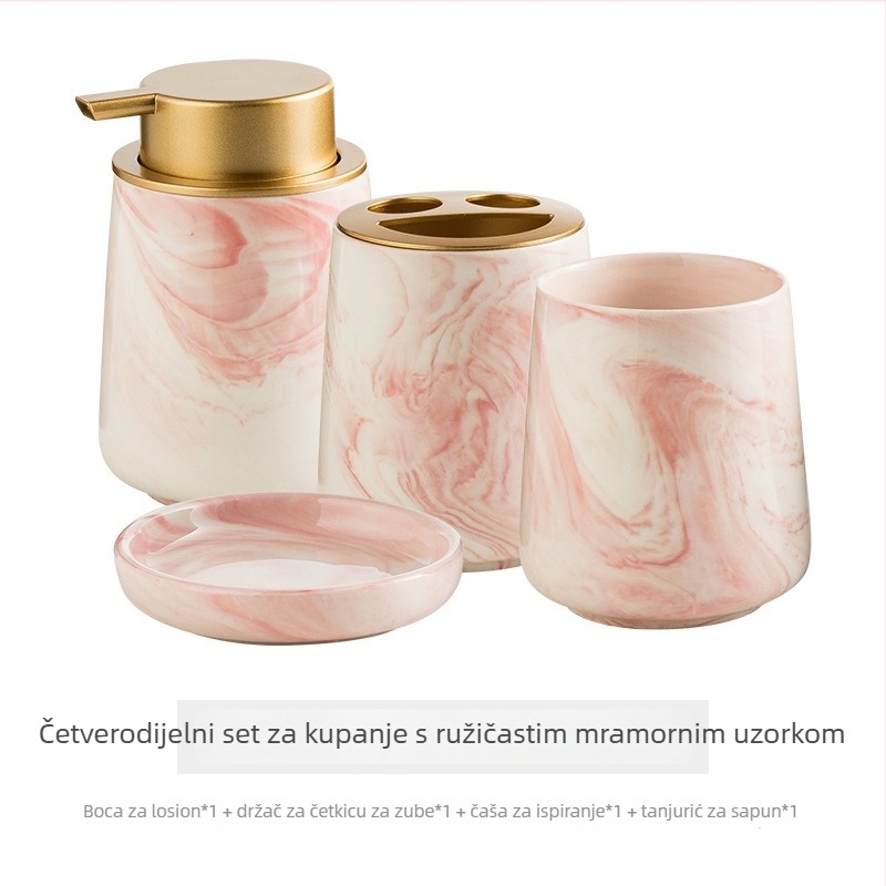 Keramički set za kupaonicu s mramornim uzorkom, četverodijelni, uključuje čašu za ispiranje i čašu za četkicu za zube