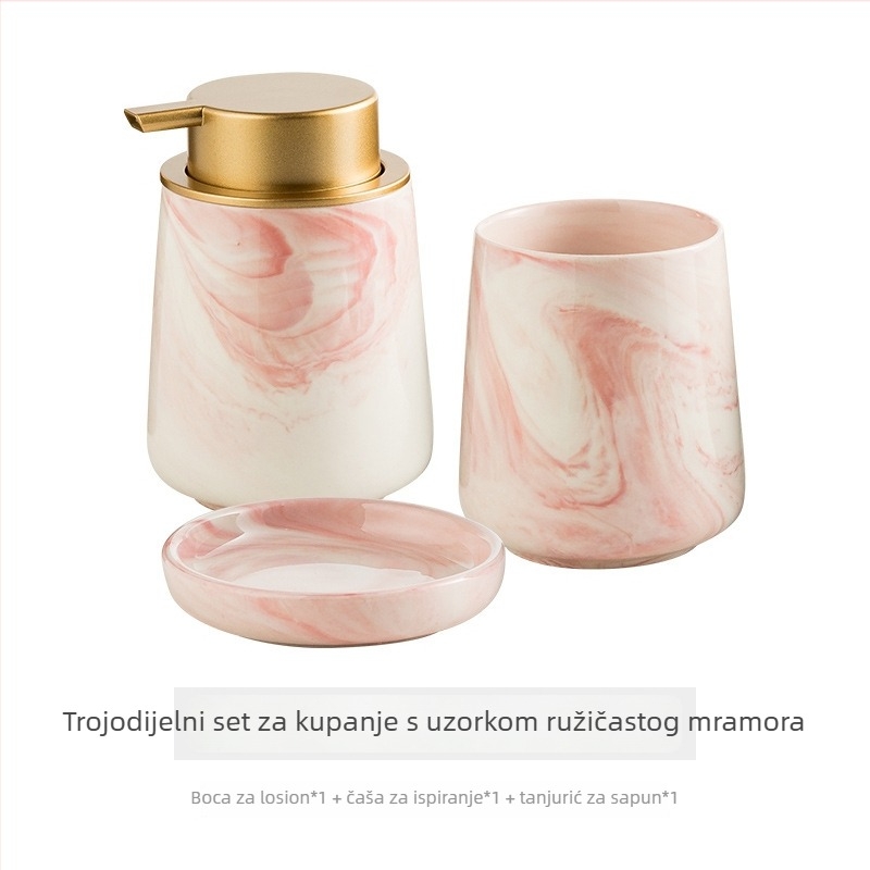 Keramički set za kupaonicu s mramornim uzorkom, četverodijelni, uključuje čašu za ispiranje i čašu za četkicu za zube