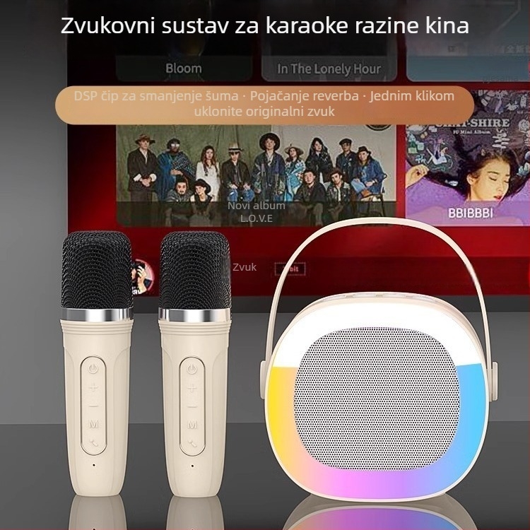 Prijenosni mikrofonsko-zvučni sustav za karaoke s Bluetoothom 5.3, raspon frekvencija 100Hz-20kHz, SNR ≥70dB, ugrađena baterija 1200–2000mAh, domet 10 m