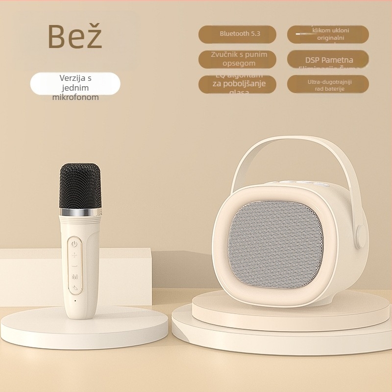 Prijenosni mikrofonsko-zvučni sustav za karaoke s Bluetoothom 5.3, raspon frekvencija 100Hz-20kHz, SNR ≥70dB, ugrađena baterija 1200–2000mAh, domet 10 m