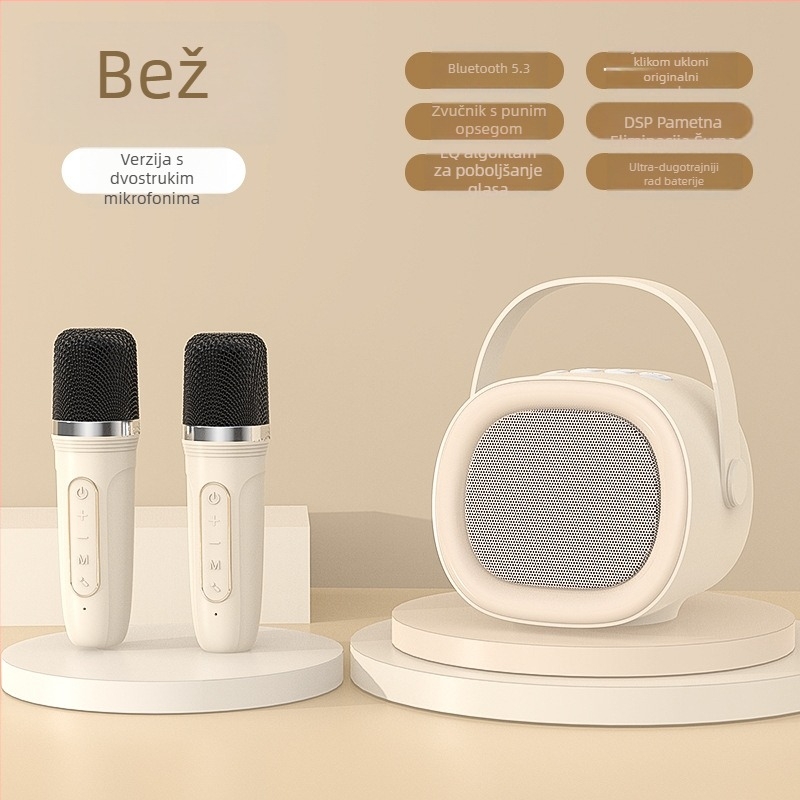 Prijenosni mikrofonsko-zvučni sustav za karaoke s Bluetoothom 5.3, raspon frekvencija 100Hz-20kHz, SNR ≥70dB, ugrađena baterija 1200–2000mAh, domet 10 m