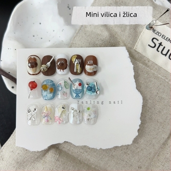 Yan ling – mini vilica i žlica za nokte, sequins materijal, lančani uzorak, jednostavan stil