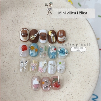 Yan ling – mini vilica i žlica za nokte, sequins materijal, lančani uzorak, jednostavan stil
