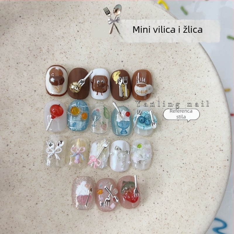 Yan ling – mini vilica i žlica za nokte, sequins materijal, lančani uzorak, jednostavan stil
