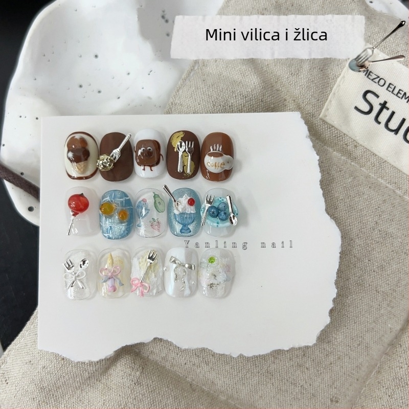 Yan ling – mini vilica i žlica za nokte, sequins materijal, lančani uzorak, jednostavan stil