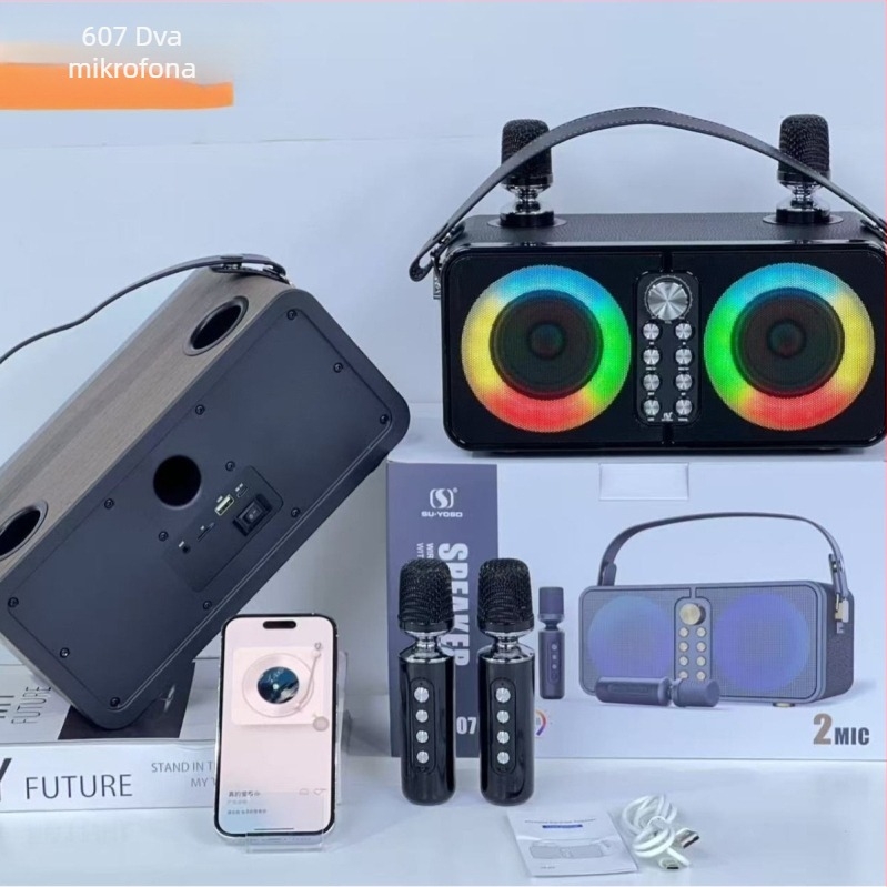Bluetooth zvučnik s dva mikrofona za karaoke i vanjsku upotrebu, 20W izlaz, Bluetooth 5.3, frekvencijski opseg 20 Hz-20 kHz, SNR ≥75 dB, ugrađena baterija 2000-4000 mAh
