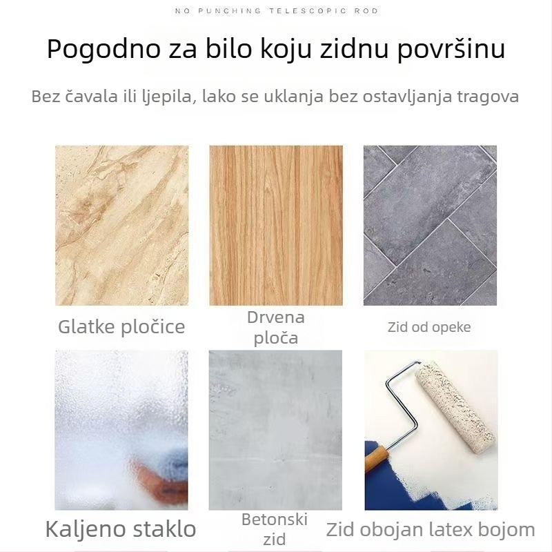 Bez bušenja, od nehrđajućeg čelika, šipka za sušenje odjeće, višenamjenska teleskopska šipka za zavjese i vješanje odjeće, pogodna za balkon i kupaonicu, jedna šipka