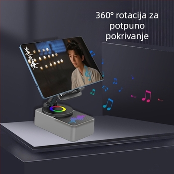Tri-u-jednom bežični Bluetooth zvučnik s ugrađenim Power Bankom i 360° okretajući stolni nosač za telefon/tablet • Bluetooth 5.3 • ugrađena baterija 1200–2000 mAh • domet 10 m • frekvencijski raspon 20 Hz–20 kHz • izlazna snaga 5W