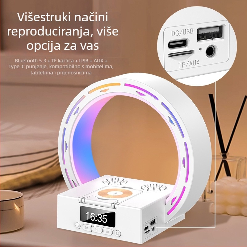 3-u-1 Bluetooth zvučnik s bežičnim punjenjem za telefon i utorom za karticu; Bluetooth 5.1, 20Hz-20kHz, domet 10m, ugrađena baterija 1000–1200mAh