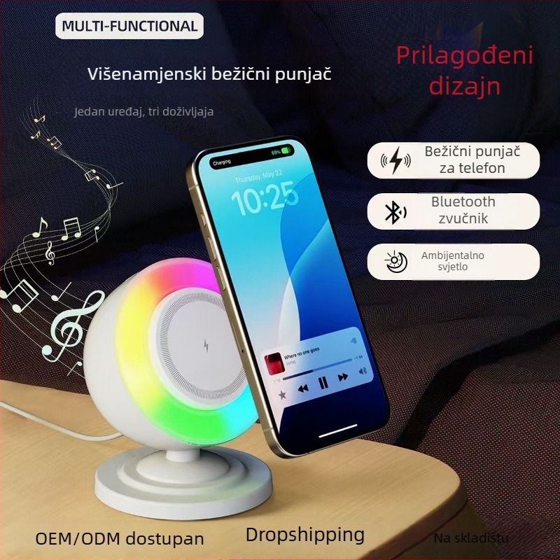 Bežični Bluetooth zvučnik s bežičnim punjenjem, 3-u-1 s RGB noćnom lampom i magnetskim zvučnikom