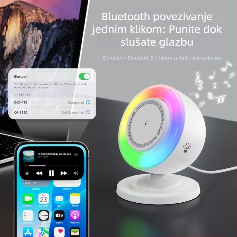 Bežični Bluetooth zvučnik s bežičnim punjenjem, 3-u-1 s RGB noćnom lampom i magnetskim zvučnikom