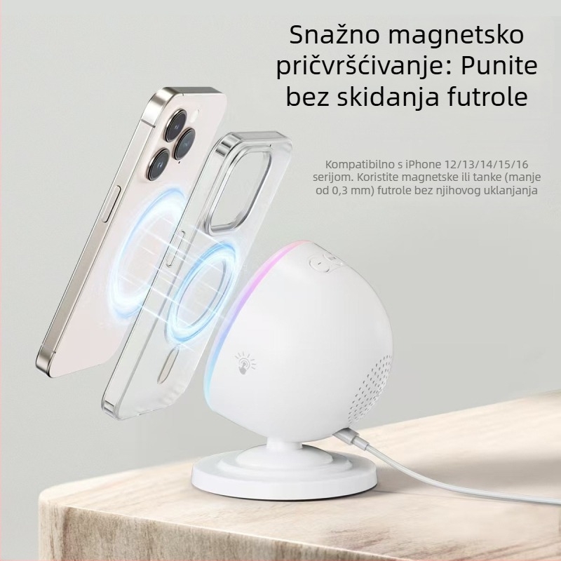 Bežični Bluetooth zvučnik s bežičnim punjenjem, 3-u-1 s RGB noćnom lampom i magnetskim zvučnikom