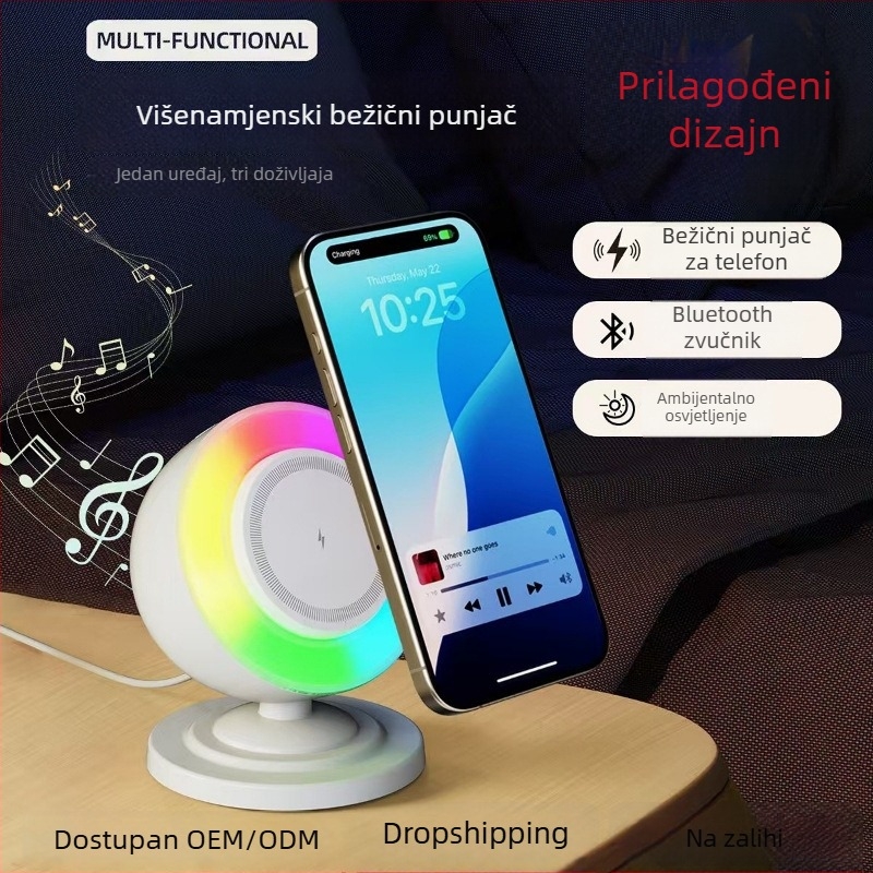 Tri u jedan bežični punjač s Bluetooth zvučnikom i RGB noćnim svjetlom, USB napajanje, Bluetooth 5.0, IPX7