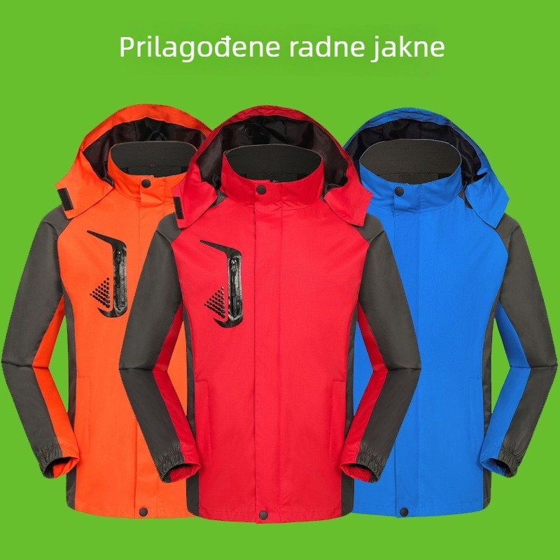 Zimska radna jakna s kapuljom (stojeći ovratnik, zatvarač, tisak, opuštena silueta)