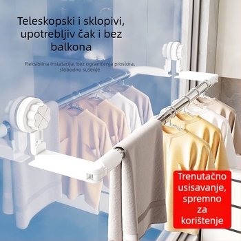 Nerđajući čelična teleskopna šipka za sušenje odjeće sa samoljepljivom podlogom – balkon, pločice/prozori, kupaonica