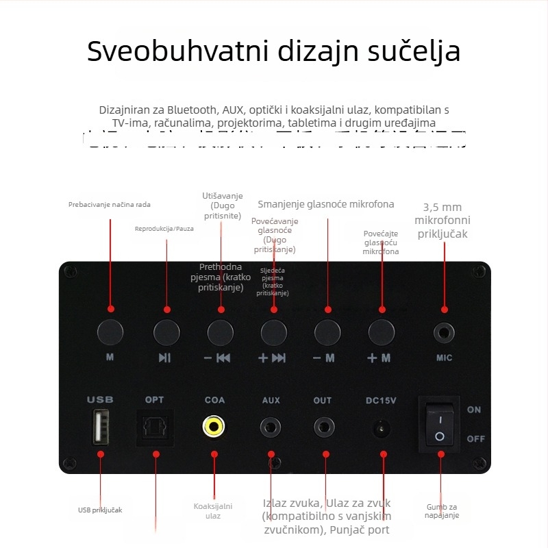 Kućni karaoke sustav s Bluetooth zvučnicima, 2 zvučnika, 20 Hz–20 kHz, SNR 75 dB, ugrađena baterija 6000 mAh
