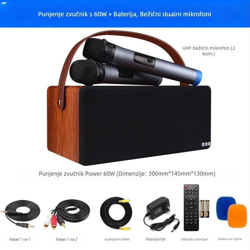 Kućni karaoke sustav s Bluetooth zvučnicima, 2 zvučnika, 20 Hz–20 kHz, SNR 75 dB, ugrađena baterija 6000 mAh