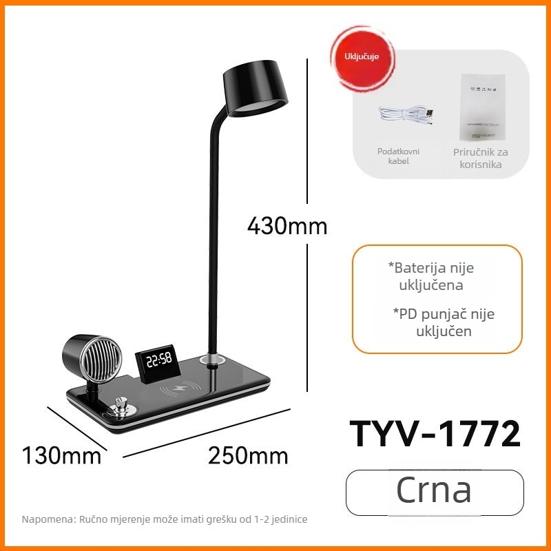 Bežično punjenje stolna lampa s Bluetooth zvučnikom, satom, dodirnim upravljanjem i zaštitom očiju, USB napajanje