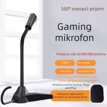 USB stolni mikrofon za računalo — preklopni usmjereni uzorak, smanjenje šuma, 100 Hz–20 kHz, SNR < 60 dB, žični, pogodan za livestreaming, igre i sastanke