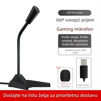 USB stolni mikrofon za računalo — preklopni usmjereni uzorak, smanjenje šuma, 100 Hz–20 kHz, SNR < 60 dB, žični, pogodan za livestreaming, igre i sastanke