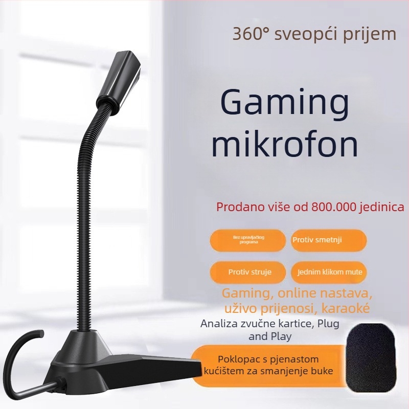 USB stolni mikrofon za računalo — preklopni usmjereni uzorak, smanjenje šuma, 100 Hz–20 kHz, SNR < 60 dB, žični, pogodan za livestreaming, igre i sastanke