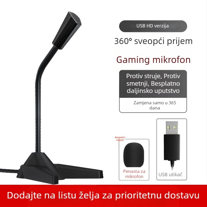 USB stolni mikrofon za računalo — preklopni usmjereni uzorak, smanjenje šuma, 100 Hz–20 kHz, SNR < 60 dB, žični, pogodan za livestreaming, igre i sastanke