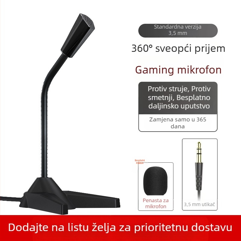 USB stolni mikrofon za računalo — preklopni usmjereni uzorak, smanjenje šuma, 100 Hz–20 kHz, SNR < 60 dB, žični, pogodan za livestreaming, igre i sastanke