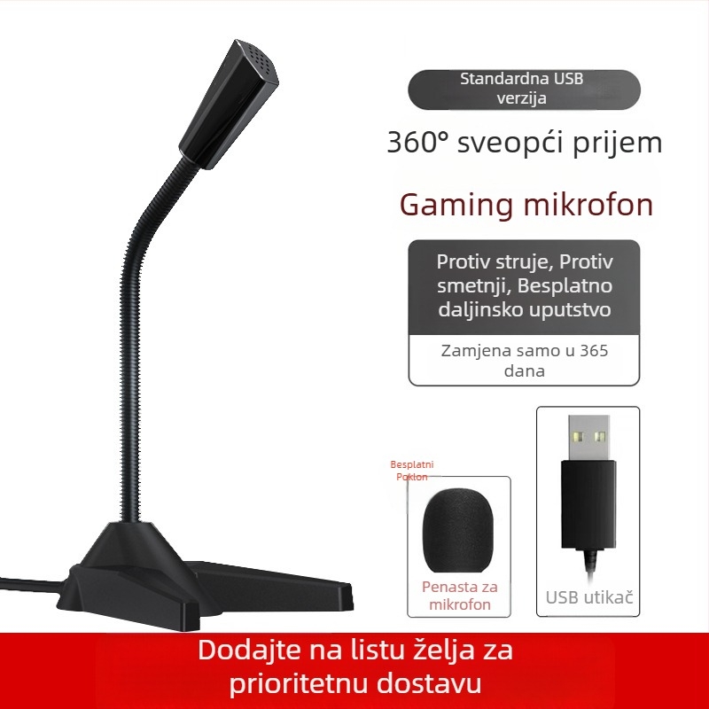 USB stolni mikrofon za računalo — preklopni usmjereni uzorak, smanjenje šuma, 100 Hz–20 kHz, SNR < 60 dB, žični, pogodan za livestreaming, igre i sastanke