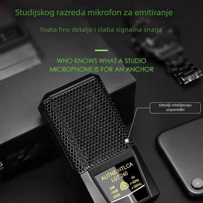 PC karaoke kondenzatorski mikrofon s velikom dijafragmom, ugrađena baterija 1200-2000 mAh, trajanje 8-12 h, SNR ≥100 dB, 1 W