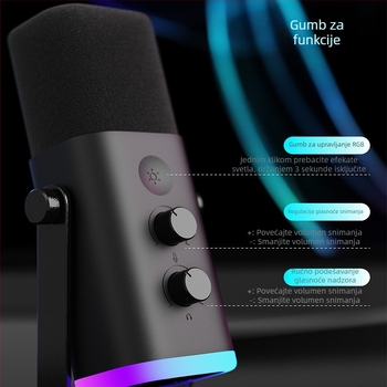 USB desktop mikrofon za igranje i prijenos uživo s RGB osvjetljenjem; prikladan za kućnu upotrebu, konferencije i snimanje zvuka; frekvencijski odziv 20 Hz–20 kHz; SNR ≥75 dB; Bluetooth 2.0