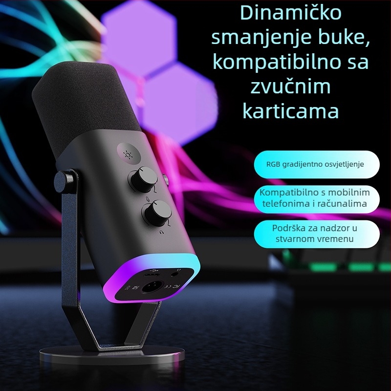 USB desktop mikrofon za igranje i prijenos uživo s RGB osvjetljenjem; prikladan za kućnu upotrebu, konferencije i snimanje zvuka; frekvencijski odziv 20 Hz–20 kHz; SNR ≥75 dB; Bluetooth 2.0