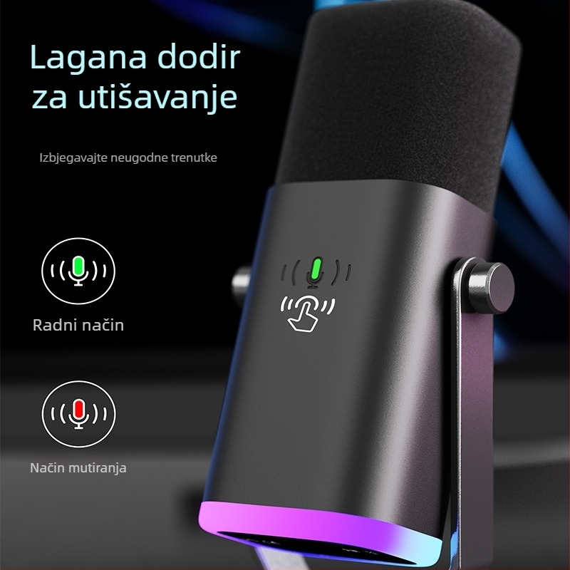 USB desktop mikrofon za igranje i prijenos uživo s RGB osvjetljenjem; prikladan za kućnu upotrebu, konferencije i snimanje zvuka; frekvencijski odziv 20 Hz–20 kHz; SNR ≥75 dB; Bluetooth 2.0