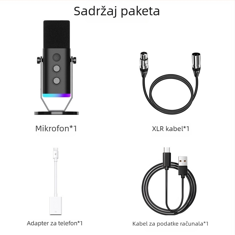 USB desktop mikrofon za igranje i prijenos uživo s RGB osvjetljenjem; prikladan za kućnu upotrebu, konferencije i snimanje zvuka; frekvencijski odziv 20 Hz–20 kHz; SNR ≥75 dB; Bluetooth 2.0