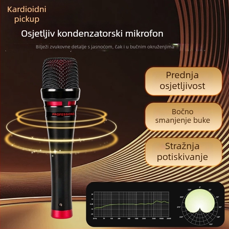 Ručni kondenzatorski mikrofon za live emitiranje sa bežičnom povezivošću; superkardioidni način snimanja; frekvencijski opseg 30 Hz–15 kHz; SNR ≥70 dB