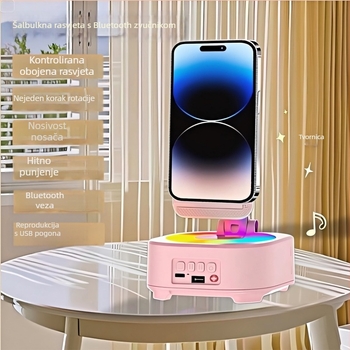 Držač za telefon s Bluetooth zvučnikom i trostrukom glazbenom kutijom, rotirajući stolni nosač; 5W izlazna snaga, Bluetooth 5.3, ugrađena baterija 1200–2000mAh, raspon frekvencija 100Hz–20kHz, SNR ≥70dB