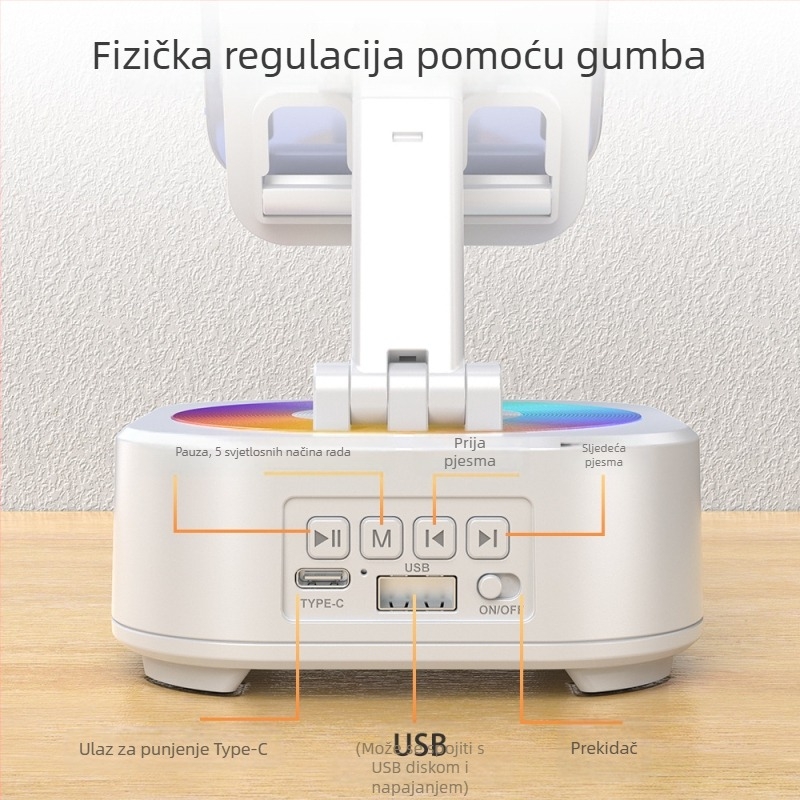 Držač za telefon s Bluetooth zvučnikom i trostrukom glazbenom kutijom, rotirajući stolni nosač; 5W izlazna snaga, Bluetooth 5.3, ugrađena baterija 1200–2000mAh, raspon frekvencija 100Hz–20kHz, SNR ≥70dB