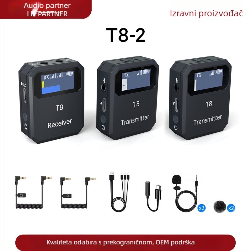 T8 bežični lavalier mikrofon s inteligentnim smanjenjem šuma za vanjske prijenose uživo — frekvencijski raspon 100 Hz–20 kHz; SNR ≥85 dB; ugrađena baterija 300–500 mAh; trajanje baterije 3–6 h.