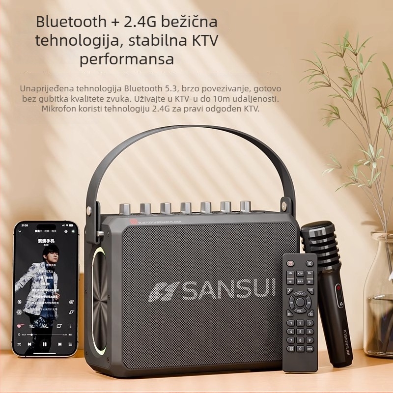 Vanjski Bluetooth karaoke zvučnik sve-u-jednom s ugrađenom baterijom, 75W, frekvencijski odziv 100Hz-20kHz, SNR ≥70dB, 4000–6000mAh
