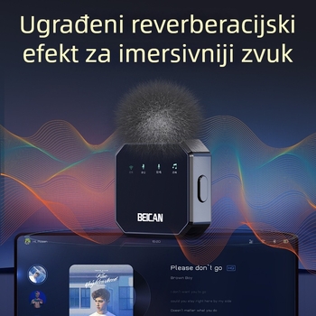 Bežični lavalier mikrofon za mobitel — clip-on mikrofon s Bluetoothom za prijenos uživo i snimanje videa — ugrađena baterija, trajanje 6–8 sati, SNR ≥85 dB, kapacitet baterije 50–100 mAh, nominalna snaga 5