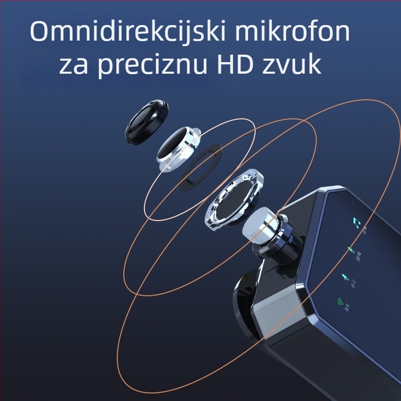 Bežični lavalier mikrofon za mobitel — clip-on mikrofon s Bluetoothom za prijenos uživo i snimanje videa — ugrađena baterija, trajanje 6–8 sati, SNR ≥85 dB, kapacitet baterije 50–100 mAh, nominalna snaga 5