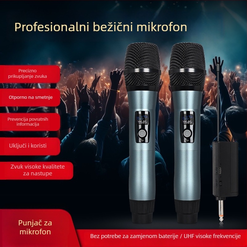 Bežični metalni ručni mikrofon za pozornicu, model S7, dinamički mikrofon od aluminijske legure, frekvencijski odziv 60 Hz–15 kHz, SNR ≥60 dB, baterija 1000–1200 mAh, autonomija 3–6 h